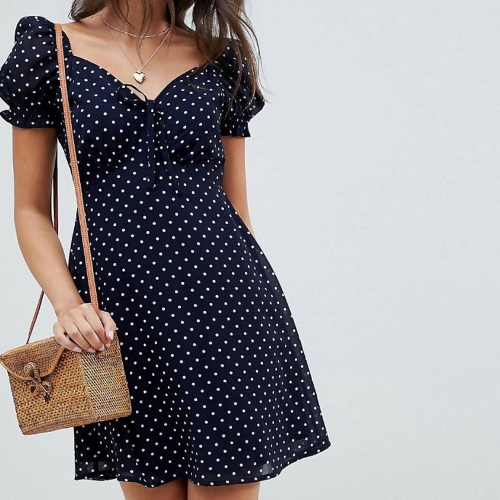 Navy Square Neck Polka Dot Skater Dress